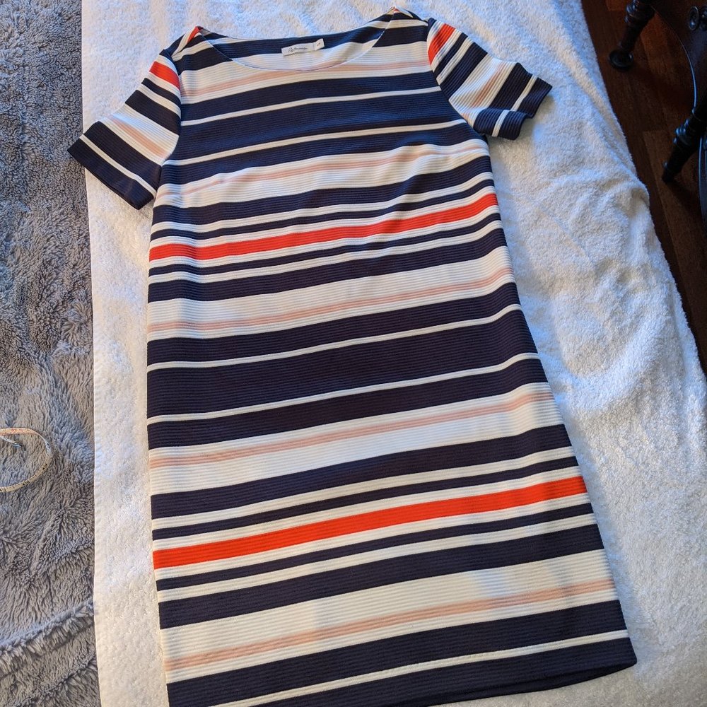 Reitmans Striped T-Shirt Dress - Navy, Melon & Beige - Small